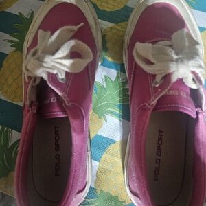 Ralph Lauren Womens size 7.5. Pink canvas tennis shoes. Excellent condition!